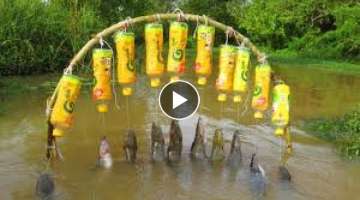 New Fishing Technique Trap Using 10 Bottles 10 Hooks To Catch Alot Of Fish