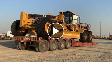 Caterpillar 24H Motor Grader transporting and unload over size machine heavy equipment mega machi...