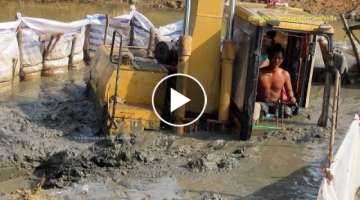 Excavator Sinking in Deep Mud & Recovery by Komatsu D20P Dozer