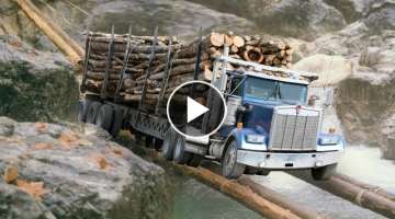 World's Extreme Logging Truck Bridge Transport Wood Operator Skill, Heavy Loading Truck Working
