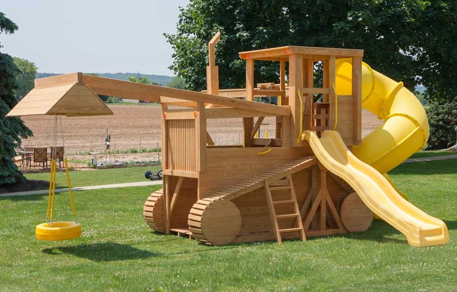 The Wooden Playground Collection   Amish Made Bulldozer Playground Set With Slide 