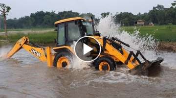 Amazing !! JCB Backhoe Machine Washing in River and Showing Stunt - JCB Operator Cleaning JCB
