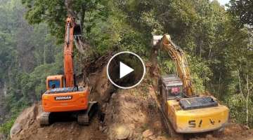Scary Job of JCB, Doosan, and Sany Excavators Felling Trees for Mountain Road Construction