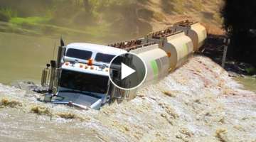 Extremely Dangerous Trucks Crossing Flooded Rivers and Wooden Bridges