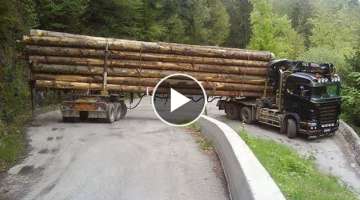 Crazy Logging Truck Driver Skills On Tough Road - Biggest Truck Passing Mountain Road