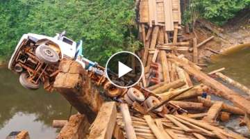 Overload Logging Truck Trying to Cross Extremely Muddy Road/ CRAZY DANGEROUS Driving Skills