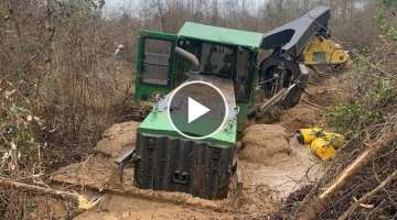 Stuck Skidder in the Swamp! Creek Deere Logging Accident Disaster Trackhoe Excavator Rescue